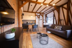 apartament z kanapą i aneksem kuchennym